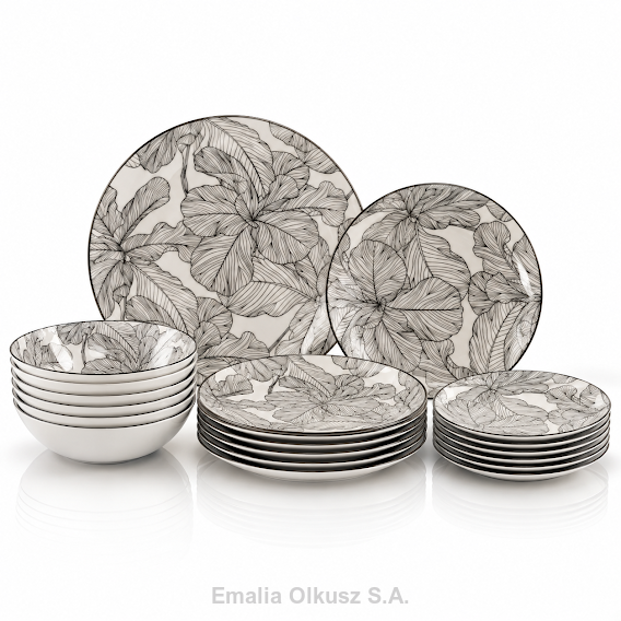 KOMPLET OBIADOWY ZESTAW 18 ELEMENTÓW SZKICOWANE KWIATY PORCELANA