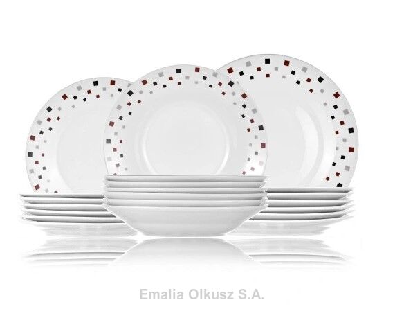 KOMPLET OBIADOWY ZESTAW 18 ELEMENTÓW KWADRATY PORCELANA PORCELANOWY