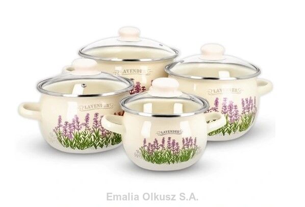Komplet garnków emaliowanych zdobionych z pokrywkami 
