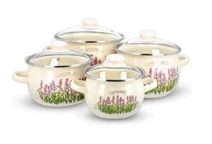 Komplet garnków emaliowanych zdobionych z pokrywkami "Lawenda"