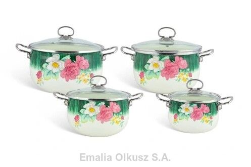 Komplet garnków emaliowanych zdobionych z pokrywami 