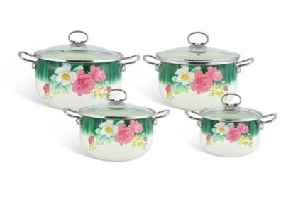 Komplet garnków emaliowanych zdobionych z pokrywami "Róża"
