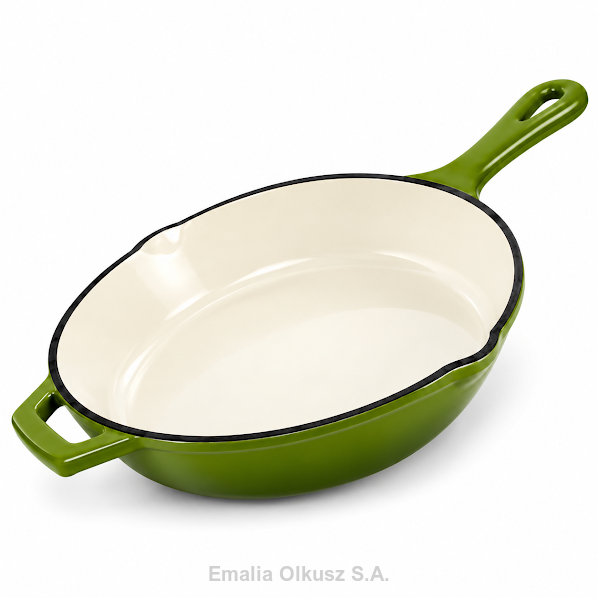 Patelnia żeliwna emaliowana 26 cm okrągła z wylewkami zielona