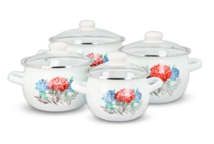 Komplet garnków emaliowanych "Kwiaty" z pokrywkami szklanymi
