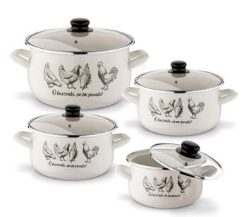 Komplet garnków emaliowanych zdobionych z pokrywkami szklanymi  "Kury"