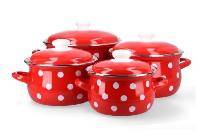 Komplet garnków emaliowanych "Retro Grochy" z pokrywkami metalowymi