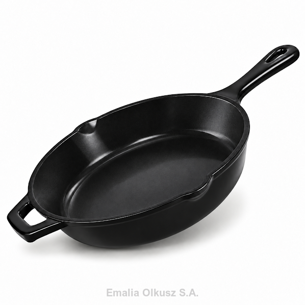 Patelnia żeliwna emaliowana 26 cm okrągła z wylewkami czarna