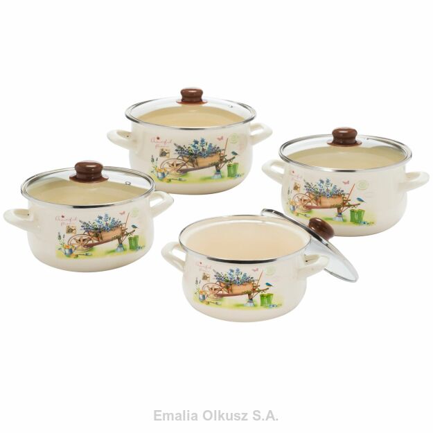 Komplet garnków emaliowanych zdobionych z pokrywami 