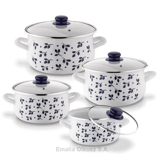 Komplet garnków emaliowanych zdobionych z pokrywami 