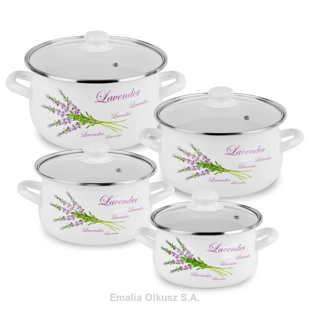 Komplet garnków emaliowanych zdobionych z pokrywami 