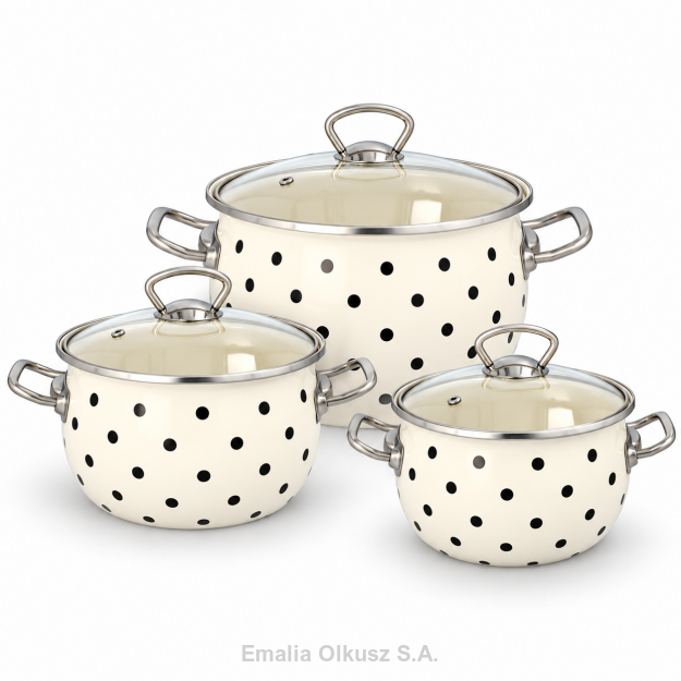 KOMPLET 3 GARNKÓW EMALIOWANYCH 2,5 L, 3,5 L, 5 L KREMOWY KROPKI GROCHY