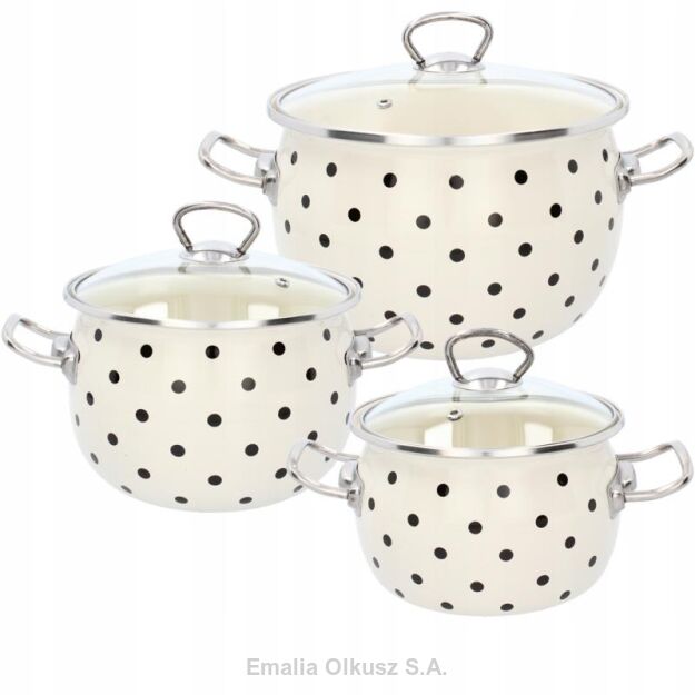 KOMPLET 3 GARNKÓW EMALIOWANYCH 2,5 L, 3,5 L, 5 L KREMOWY KROPKI GROCHY