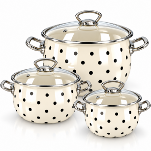 KOMPLET 3 GARNKÓW EMALIOWANYCH 2,5 L, 3,5 L, 5 L KREMOWY KROPKI GROCHY