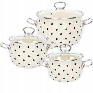 KOMPLET 3 GARNKÓW EMALIOWANYCH 2,5 L, 3,5 L, 5 L KREMOWY KROPKI GROCHY