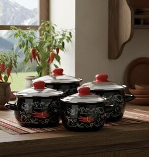 Komplet garnków emaliowanych zdobionych z pokrywami "Papryczki Chilie"