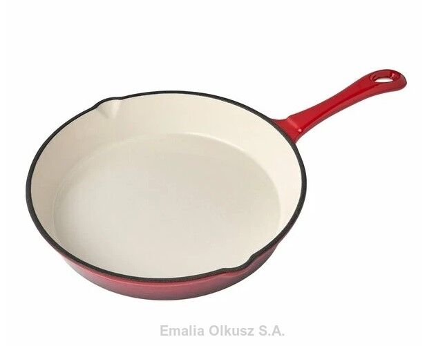Patelnia żeliwna emaliowana 24 cm okrągła z wylewkami czerwona