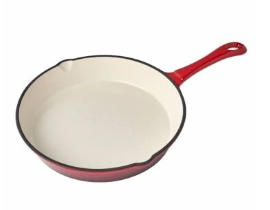 Patelnia żeliwna emaliowana 24 cm okrągła z wylewkami czerwona